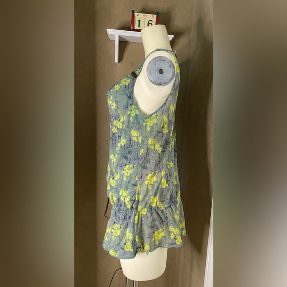 DKNY Jeans Women’s L Tunic Tank Top Green Floral Y2K Sleeveless Blouse - Picture 3 of 10